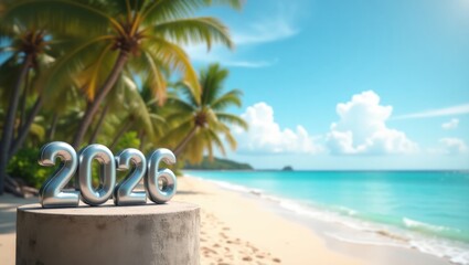 Numbers 2026 on tropical background. The concept of welcoming and celebrating the New Year 2026 at vacation. AI