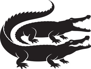 Obraz premium Two Alligator Silhouettes in Black and White Depicting Wild Animals and River Predators with Open Mouths and Sharp Teeth Artwork