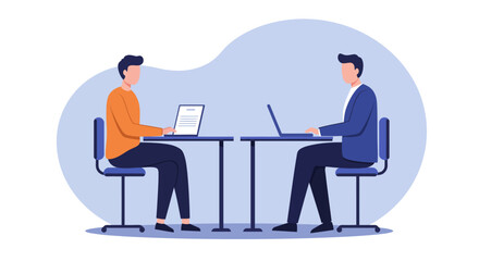 Business meeting: two professionals collaborating at office desks in modern flat design