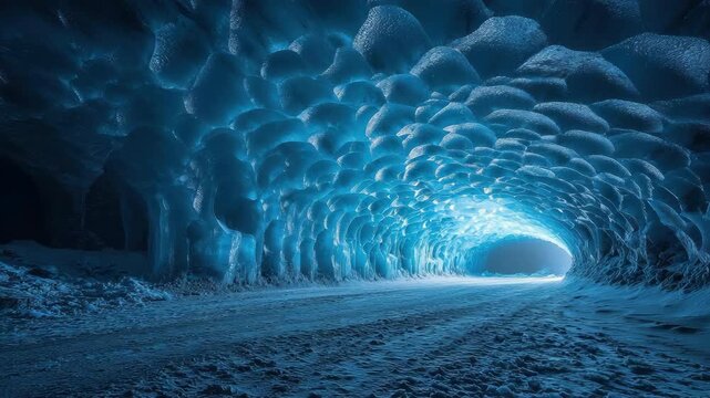 Blue ice cave tunnel with bright light in the distance
