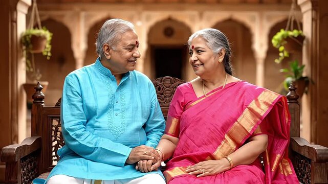 Happy elderly Indian couple holding hands and laughing in a traditional setting