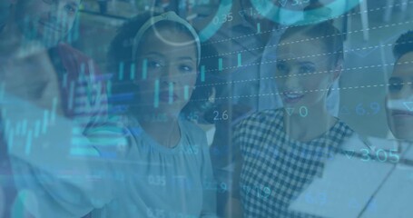 Charts animating on glass board woman pointing at data bar colleagues nodding for finance analysis - Powered by Adobe