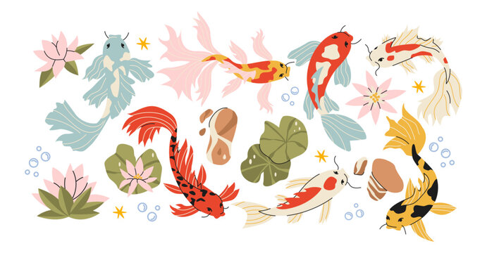 Japanese koi fish swimming in decorative garden pond in retro cartoon style. Sticker set: lotus flowers, lily pads, bubbles, calm water. Zen nature concept, illustration in funky, doodle style.