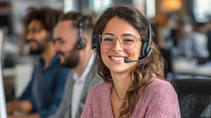 Smiling young support agent at a desk with colleagues in an office setting