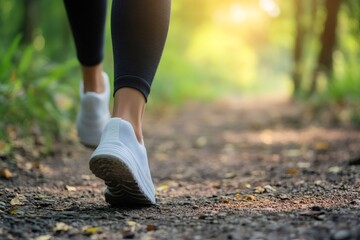 Person's legs and white sneakers taking a step on a sunlit walking trail, symbolizing health, fitness, and outdoor activity