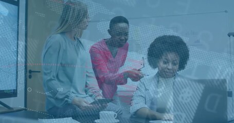 Three professionals gathering at laptop in business meeting gesturing and scrolling data overlays - Powered by Adobe