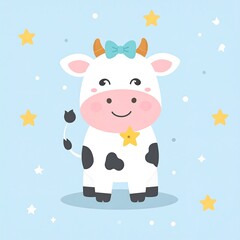 Cute cartoon cow with a bow, star necklace, and stars around