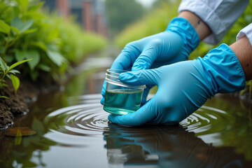 Scientis collecting water samples, Researcher controlling the quality of water environment. AI