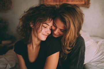 Two young women embracing by the bed in their home