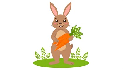 Cute cartoon rabbit holding an orange carrot on a grassy patch