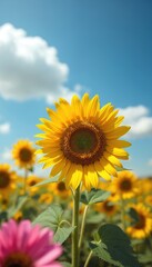 Fototapeta premium Sunflower blooms in meadow on clear sunny summer day. Yellow flower with bright petals in field under blue cloudy sky symbolizes optimism. Sunflowers garden with golden petals blossoms.