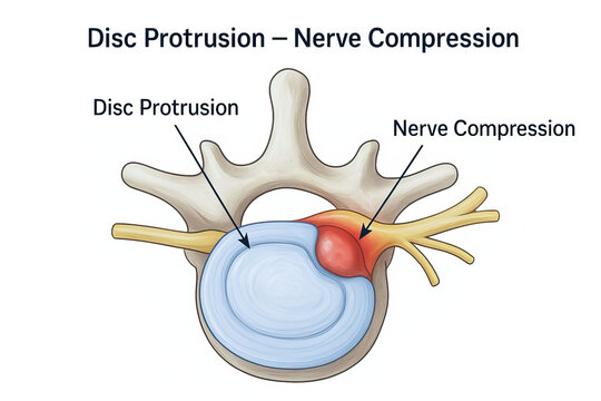 Disc protrusion herniated disc health awareness concept illustration showing spinal disc bulge pressing nerve root causing nerve compression and localized inflammation