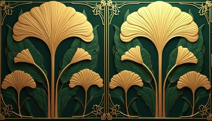 Symmetrical golden floral pattern on dark green surface. Art deco style leaves, frame decoration. Floral background with symmetrical botanical elements. Luxury ornamental design for prints,