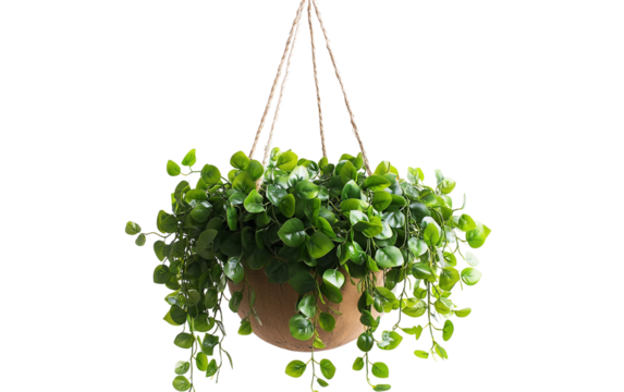 Decorative hanging planter featuring lush artificial leaves creating a fresh and elegant indoor atmosphere isolated on transparent background PNG