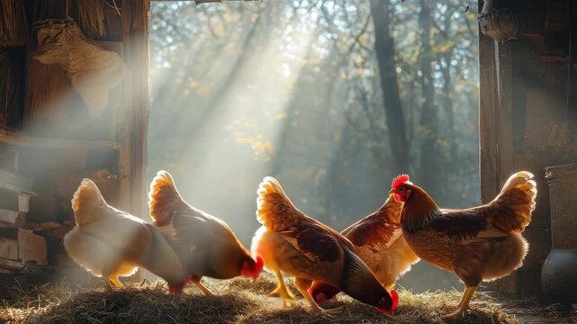 Chickens foraging inside a barn opening, sunlight beaming