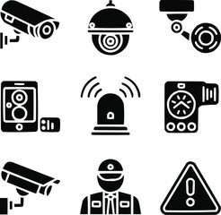 CCTV and Security Glyph Icons Surveillance System and Intrusion Detection Signs