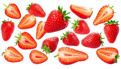 Assortment of fresh red whole and sliced strawberries on white