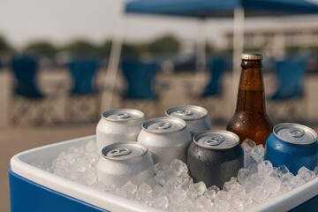 American football tailgate party cooler with ice cold drinks, copy space