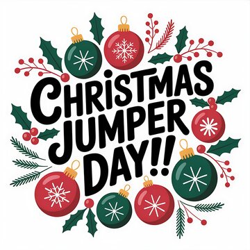 Christmas jumper day text with baubles and holly