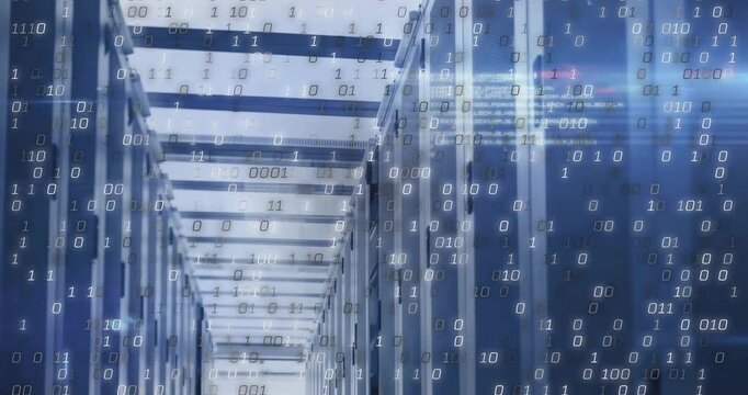 On system boot server aisle showing floating binary digits cascading as data visualization