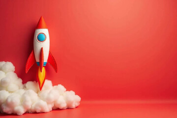 Rocket takes off - space ship with white clouds on red background. Hand made felt toys with copy space banner. AI