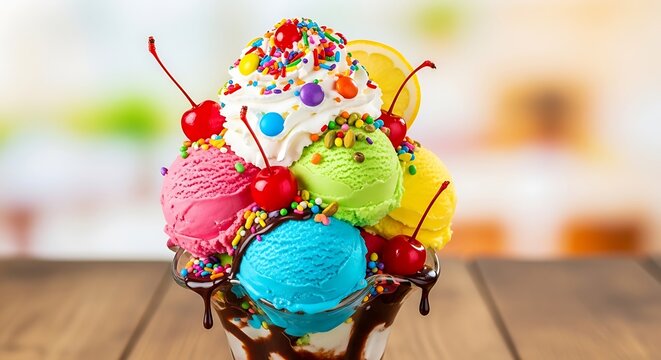 Colorful Ice Cream Sundae with Cherries and Sprinkles Delight.