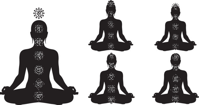 Meditating Figure with Chakra Alignment Silhouettes