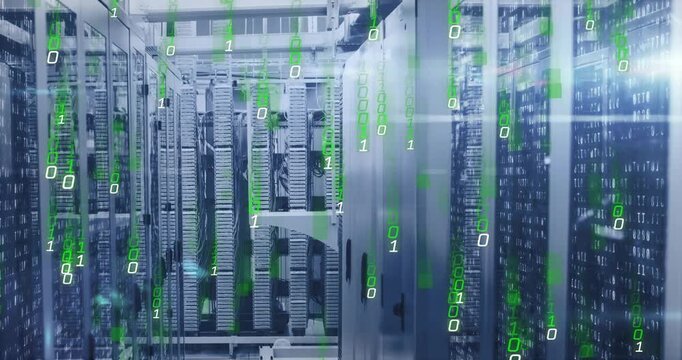 Green binary digits starting drifting over server racks, cascading and visualizing active data flow