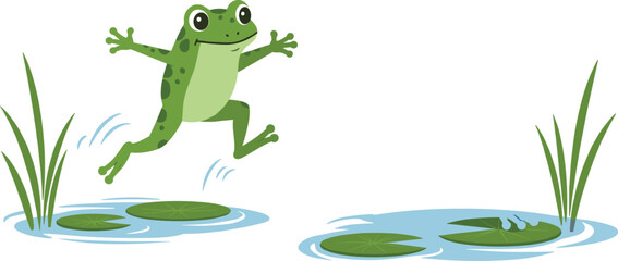 Cartoon frog jumping across lily pads, playful amphibian motion, water ripples, nature scene, vector illustration, cute animal, pond grass, spring vibe