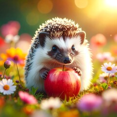 Cute hedgehog in colorful field, holding red apple in golden sunlight