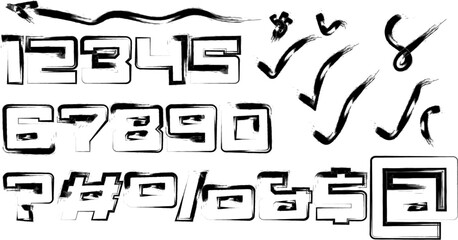 Distressed Black Brush Stroke Font Including Numbers and Symbols Set