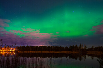 Aurora Borealis Panorama with Lake Reflection, Finland