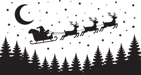 Santa's Sleigh Silhouette Flying Over Forest at Night with Crescent Moon and Stars