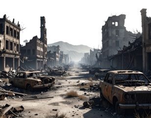 Angled Perspective of a War-Ravaged Ghost Town, Isolated Transparent Background PNG