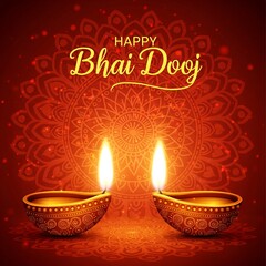 Naklejka premium Beautiful Bhai Dooj Greeting Illustration Featuring Glowing Diyas and Intricate Mandala Art Radiant Warm Colors Representing Love Between Siblings Perfect for Festive Posters Cards and Digital Designs
