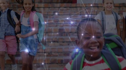 School children emerging steps descending amid network overlay boy leading girl overtaking smiling - Powered by Adobe