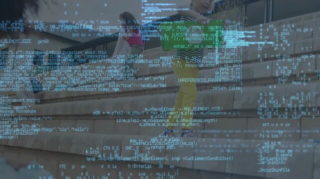 Girls arriving at bleachers starting recycling drive scanning rows and picking litter into eco bin