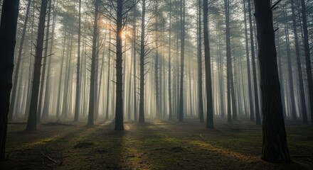 Mystical Sunlight in Enchanted Pine Forest