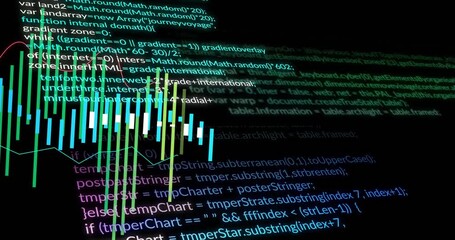 Starting dark background showing code, waveform pulsing, code scrolling, overlay flashing, looping - Powered by Adobe
