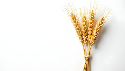 Fototapeta premium Close-up of golden wheat stalks tied together on a white background