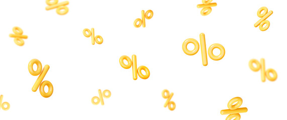 3d flying yellow percent signs discount with blur effect and different angles. Voucher gift. Stock vector illustration on isolated background.