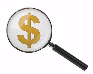 Magnifying glass focusing on golden dollar sign, symbolizing financial analysis, wealth, and investment opportunities in business