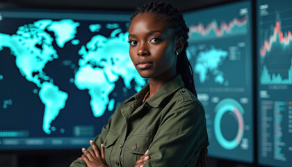 African woman watches monitor with world map stock data. Girl analyzes graphs diagrams. Trader works with digital interface charts. Female checks information, develops business strategy.