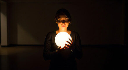 Person holding a glowing light close to heart in dark room