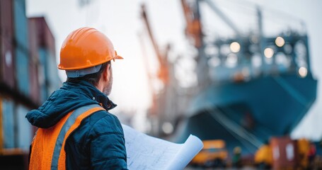 A safety equipped engineer with blueprints at a cargo port representing job oversight security and business development