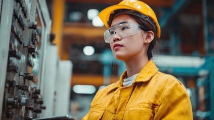 Asian female engineer in uniform and goggles overseeing quality control and maintenance in a factory workshop
