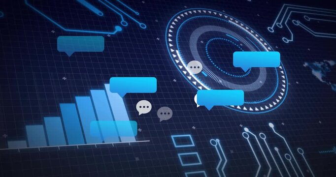 Opening chat bubbles fading in, bar chart growing and HUD circle pulsing illustrating communication