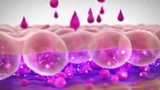 Realistic 3D illustration showing serum or essence droplets being absorbed into facial skin pores. The image depicts hydration, skincare treatment, and nutrient absorption into the deeper skin layers.