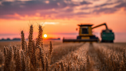 Fototapeta premium Combine harvester harvesting wheat, Combine harvester working on large wheat field, Harvester machines. Combine agriculture machine harvest golden ripe wheat field. Combine harvester working in field.