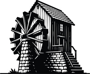 Old Wooden Watermill Illustration with Large Wheel isolated on a white background